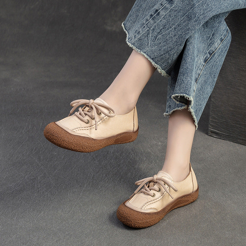 Women Retro Leather Lace-up Flat Casual Shoes-RAIIFY