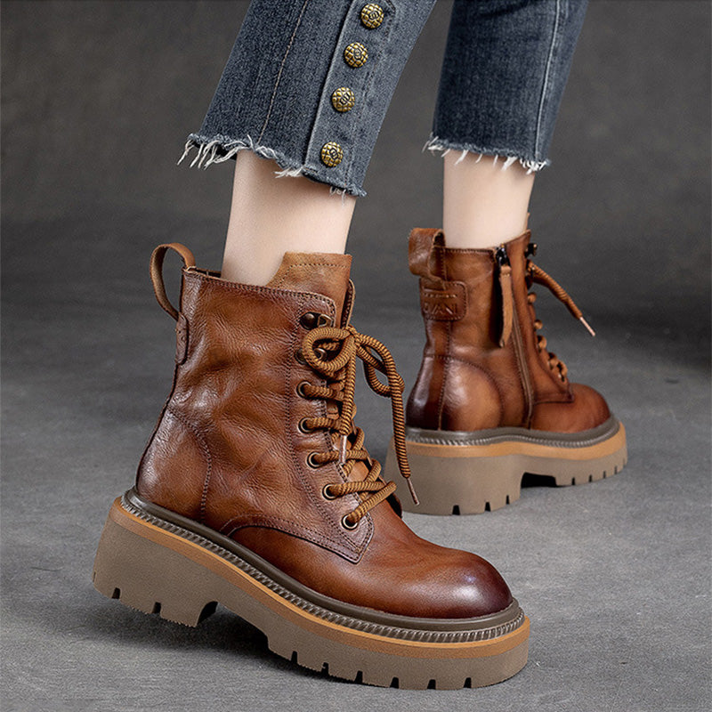 Women Classic Leather Thick Soled Combat Boots-RAIIFY