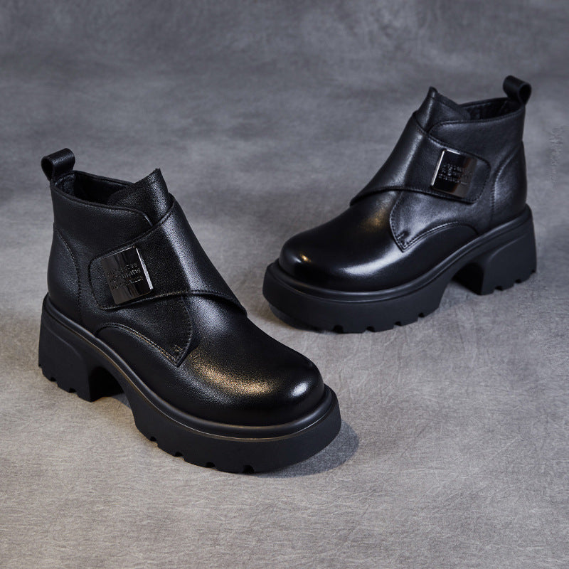 Women Retro Velcro Tape Leather Platform Ankle Boots-RAIIFY