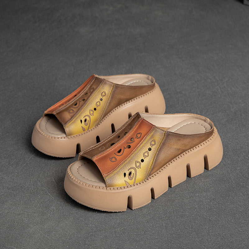 Women's Fashion Color Matching Leather Platform Slides-RAIIFY
