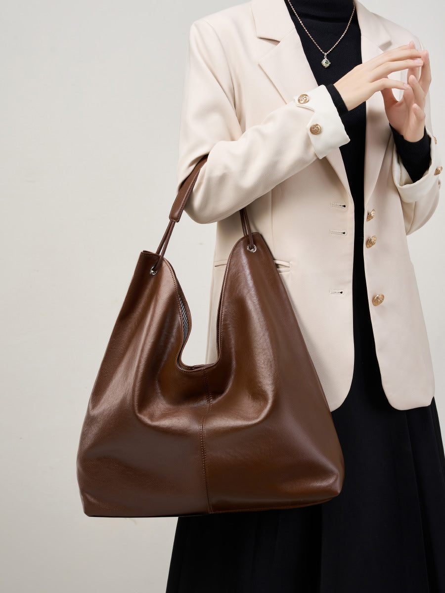 Women Minimalism Solid Soft Cowhide Shoulder Tote Bag-RAIIFY