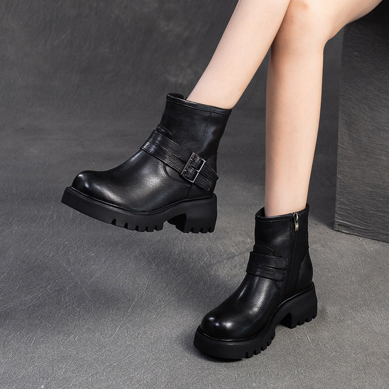 Women Vintage Leather Buckle Casual Platform Boots-RAIIFY