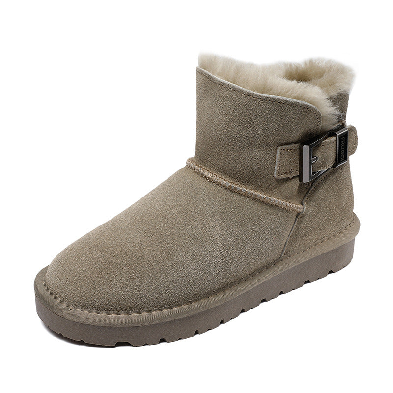 Women Winter Furred Suede Buckle Flat Ankle Boots-RAIIFY