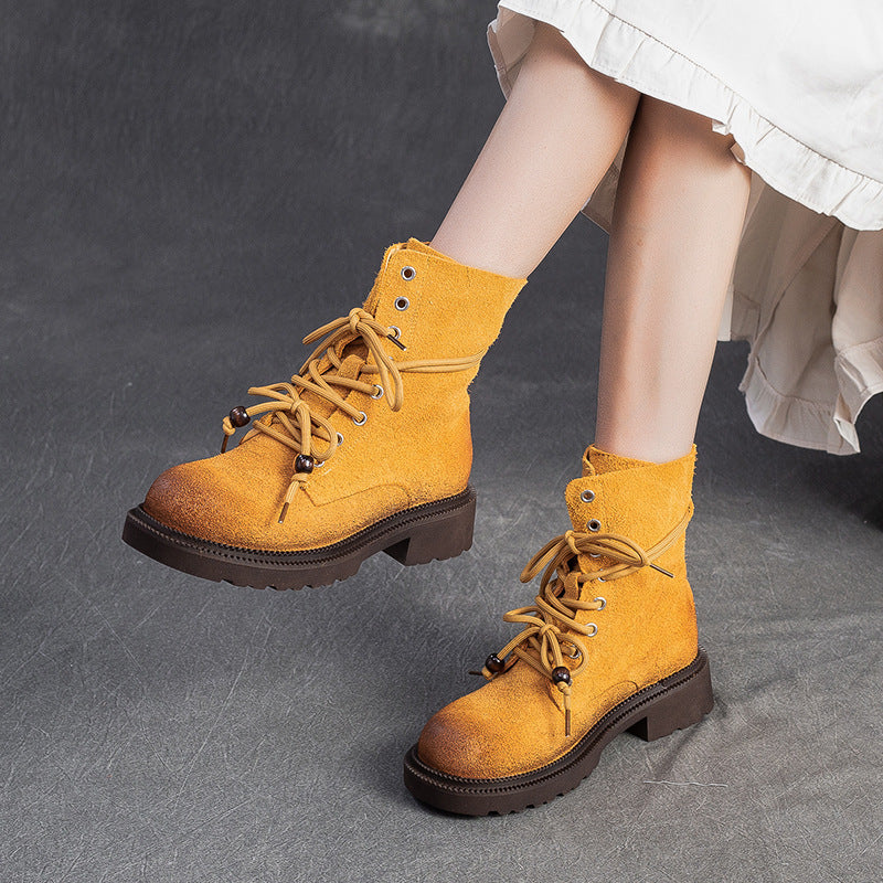 Women's Vintage Plain Leather Casual Lace-up Boots-RAIIFY