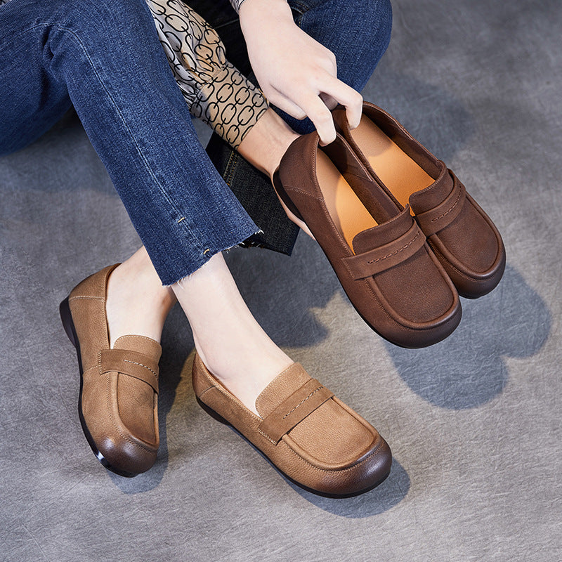 Women Retro Solid Leather Casual Flat Soft Loafers-RAIIFY