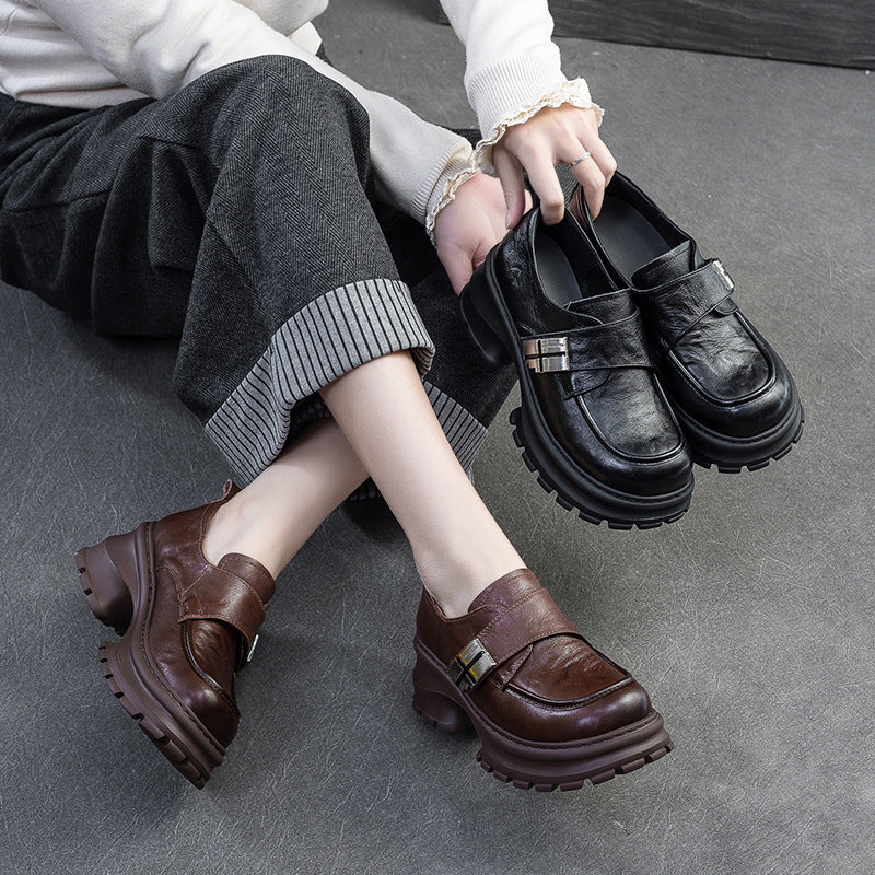 Women Vintage Leather Velcro Tape Chunky Heel Loafers-RAIIFY