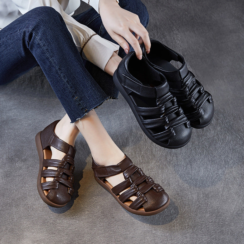 Women's Retro Plain Leather Round Head Velcro Sandals-RAIIFY