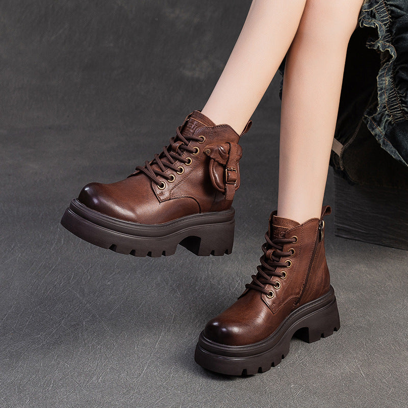 Women Comfort Vintage Leather Platform Ankle Boots-RAIIFY