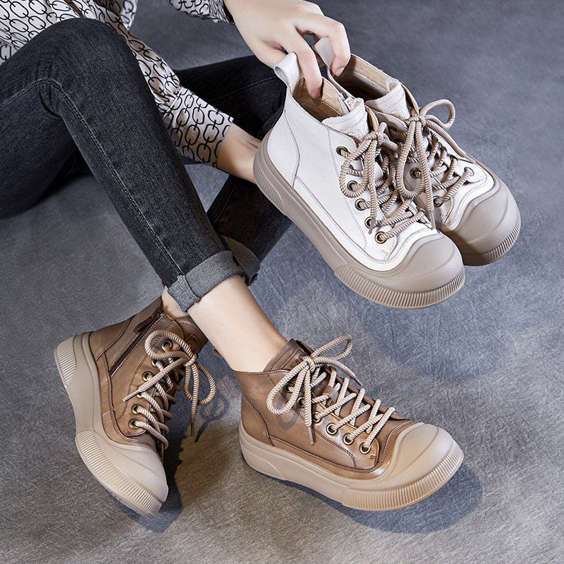 Women Fashion Solid Leather Lace-up Ankle Boots-RAIIFY