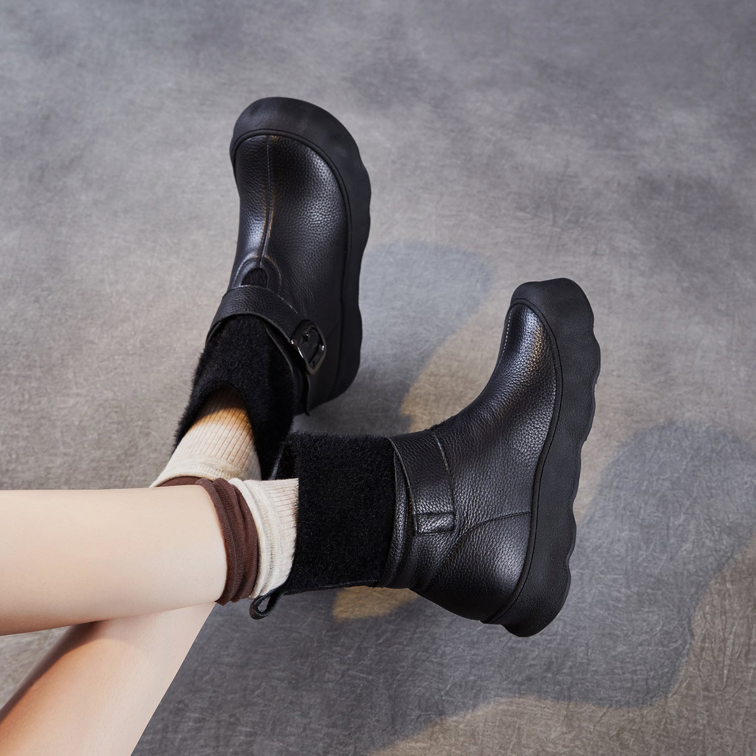 Women's Leather Buckle-Strap Furred Ankle Boots-RAIIFY