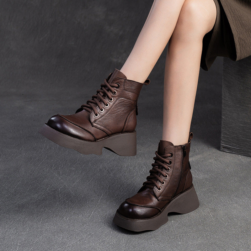 Women Retro Solid Leather Platform Boots-RAIIFY