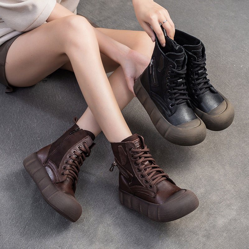 Women Retro Soft Leather Ankle Combat Boots-RAIIFY