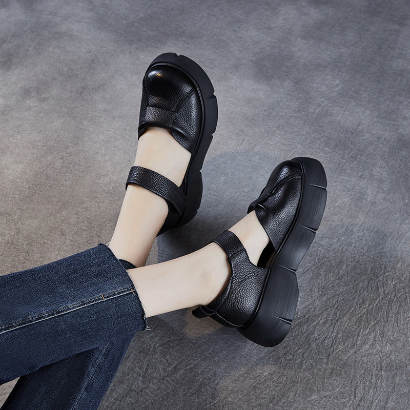 Women Retro Round Head Leather Platform Casual Sandals-RAIIFY