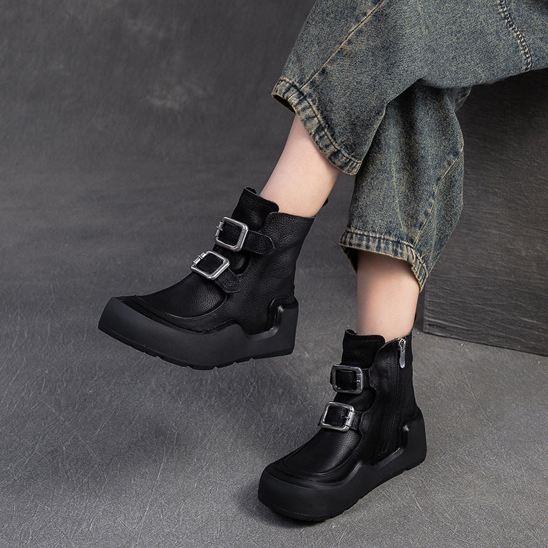 Women Retro Solid Leather Buckle Platform Boots-RAIIFY