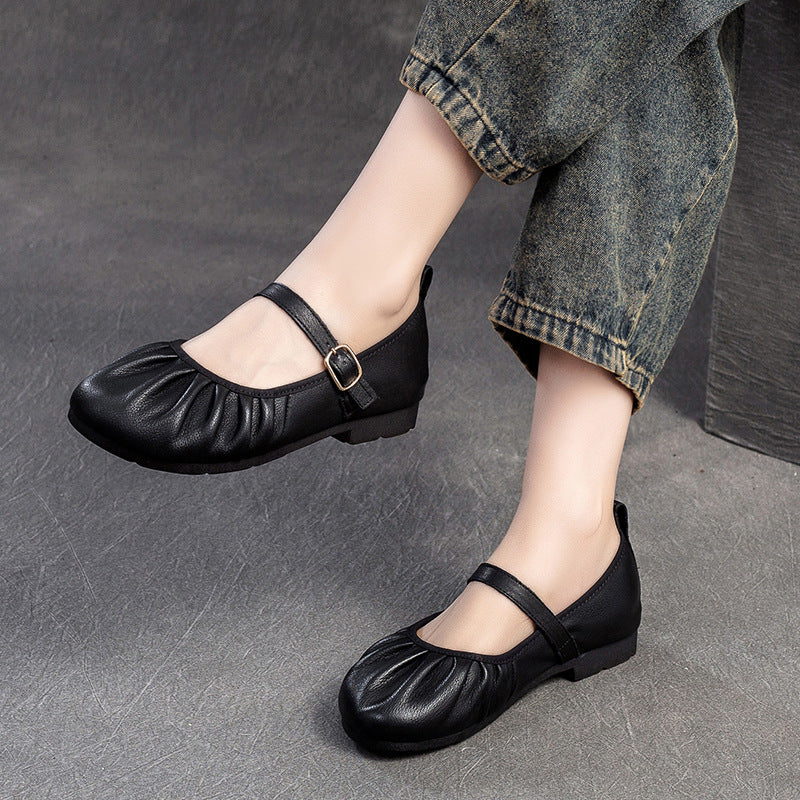 Women Retro Pleated Leather Soft Casual Flats-RAIIFY