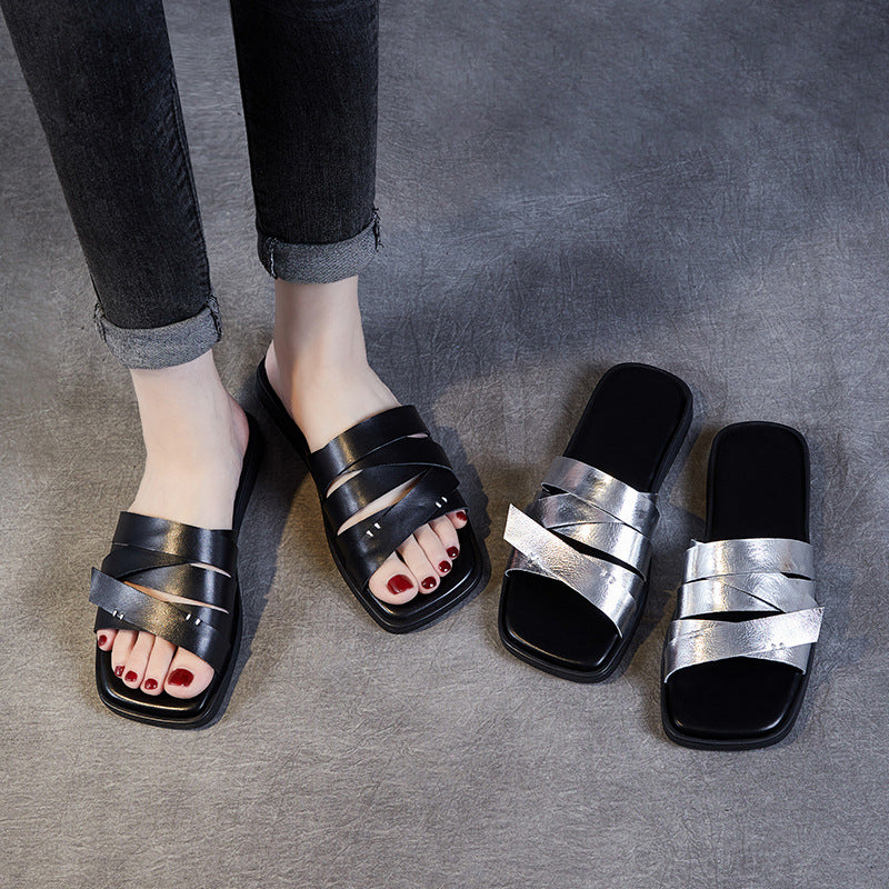 Women Soft Leather Retro Summer Casual Slides Sandals-RAIIFY