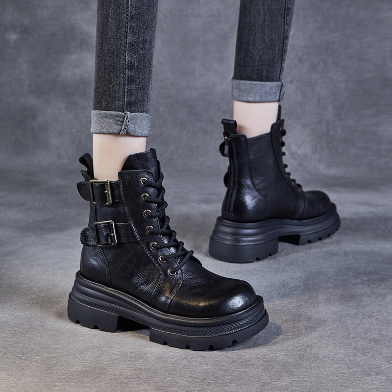 Women Vintage Leather Platform Combat Boots-RAIIFY