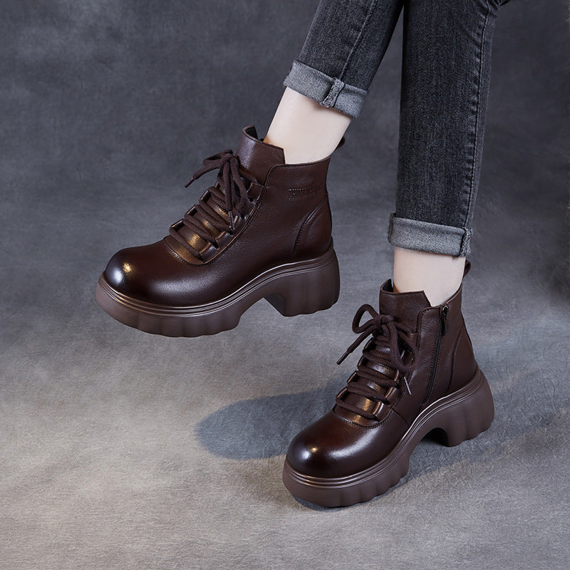 Women Retro Solid Leather Platform Ankle Boots-RAIIFY