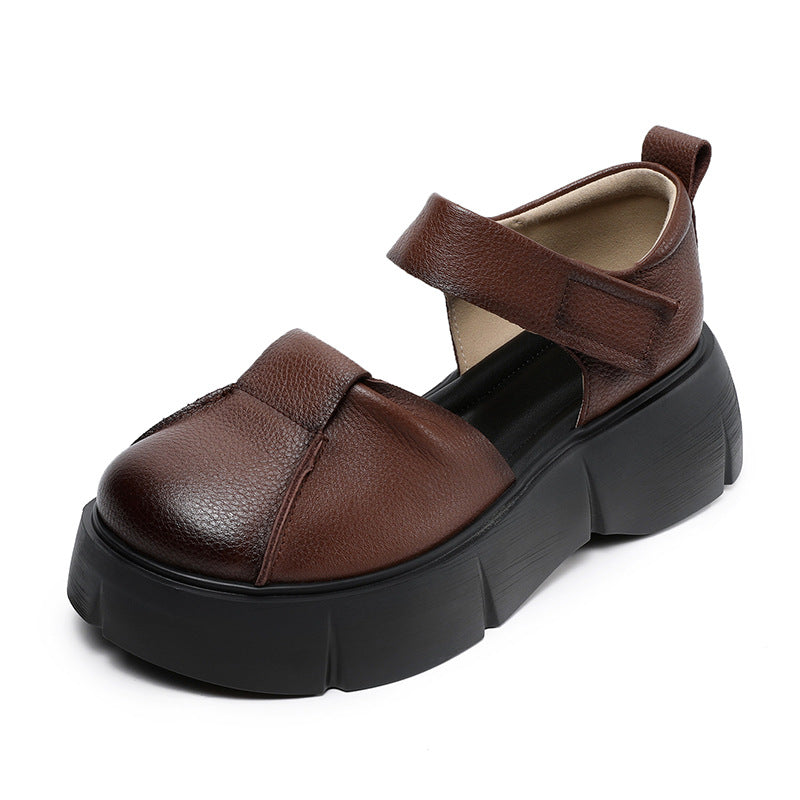 Women Retro Round Head Leather Platform Casual Sandals-RAIIFY