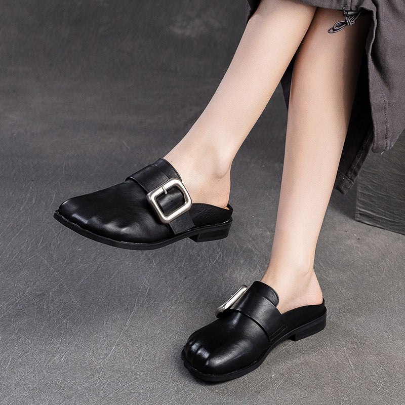 Women Retro Leather Casual Flat Mules-RAIIFY