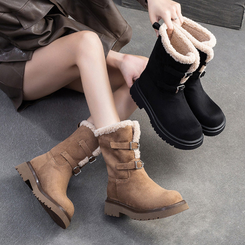 Women Vintage Solid Suede Mid-Calf Snow Boots-RAIIFY