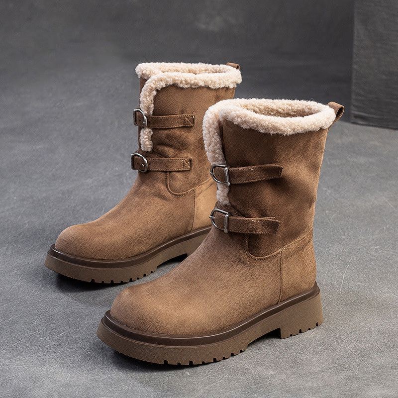 Women Vintage Solid Suede Mid-Calf Snow Boots-RAIIFY