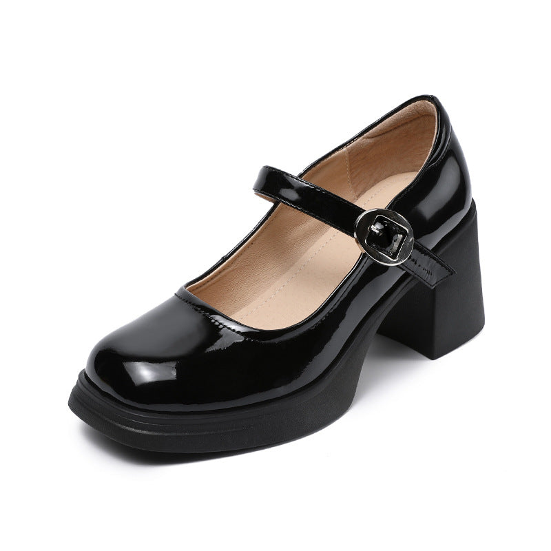 Women Casual Plain Leather Chunky Heel Pumps-RAIIFY