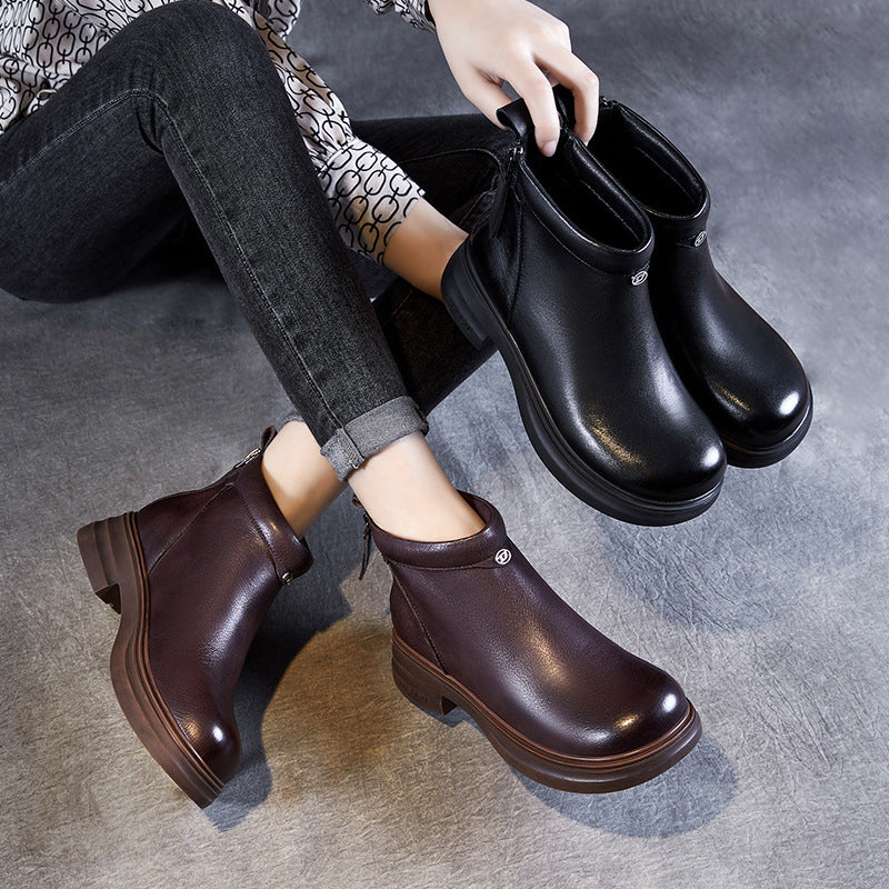 Women Solid Leather Back Zipper Ankle Boots-RAIIFY