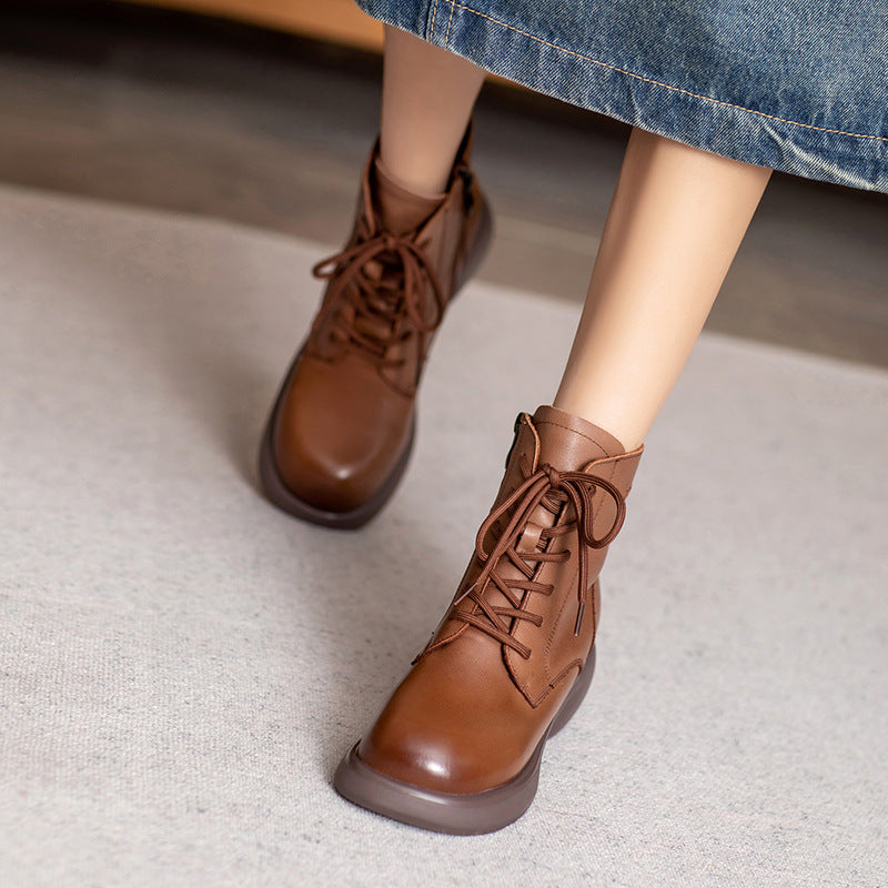 Women Retro Solid Leather Low Block Ankle Boots-RAIIFY