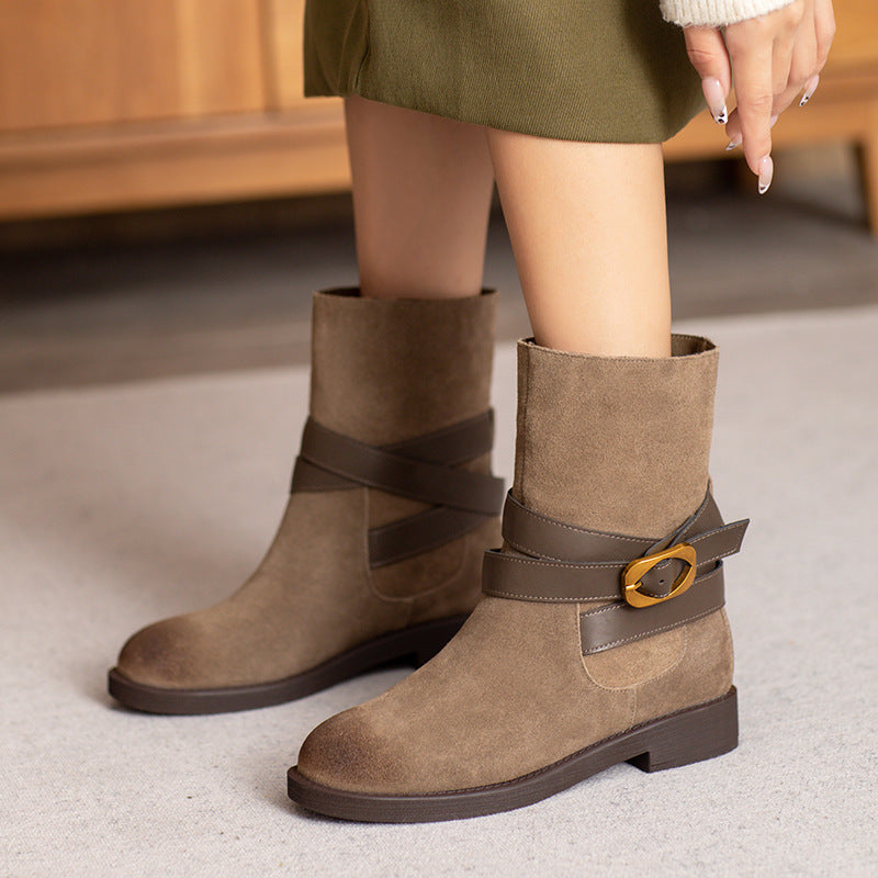 Women Vintage Solid Suede Mid-Calf Boots-RAIIFY