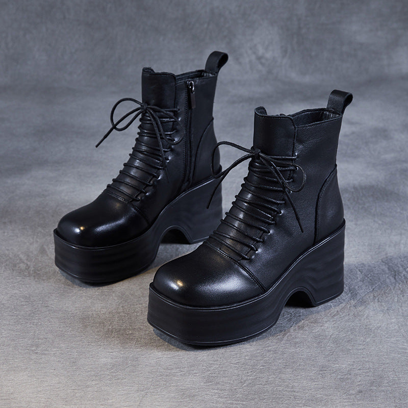 Women Vintage Solid Leather Chunky Platform Boots-RAIIFY