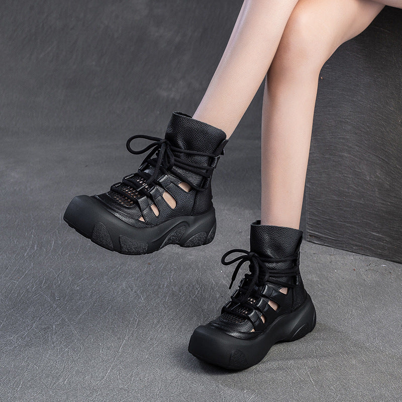 Women Soft Cowhide Hollow Breathable Mesh Ankle Boots-RAIIFY