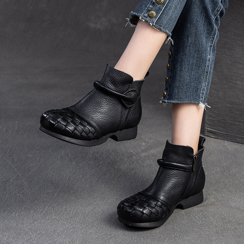 Women Retro Plaited Cowhide Soft Ankle Boots-RAIIFY