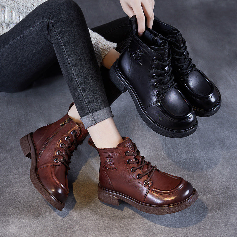 Women Retro Solid Leather Casual Ankle Boots-RAIIFY