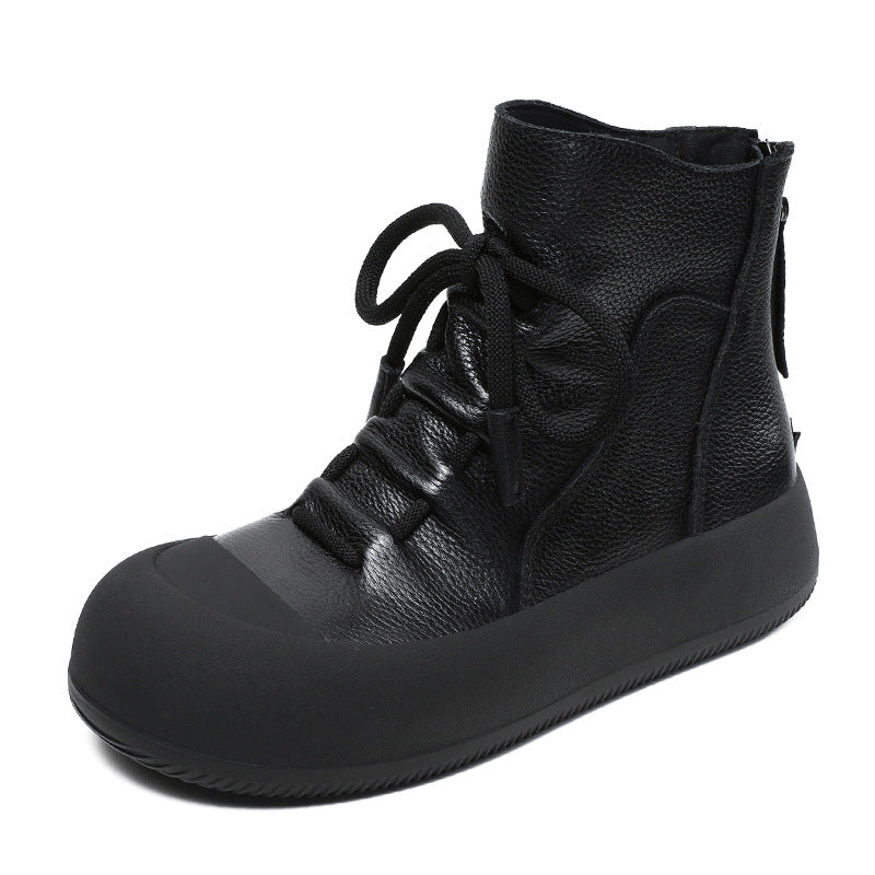 Women Soft Leather Flat Thick Soled Casual Ankle Boots-RAIIFY