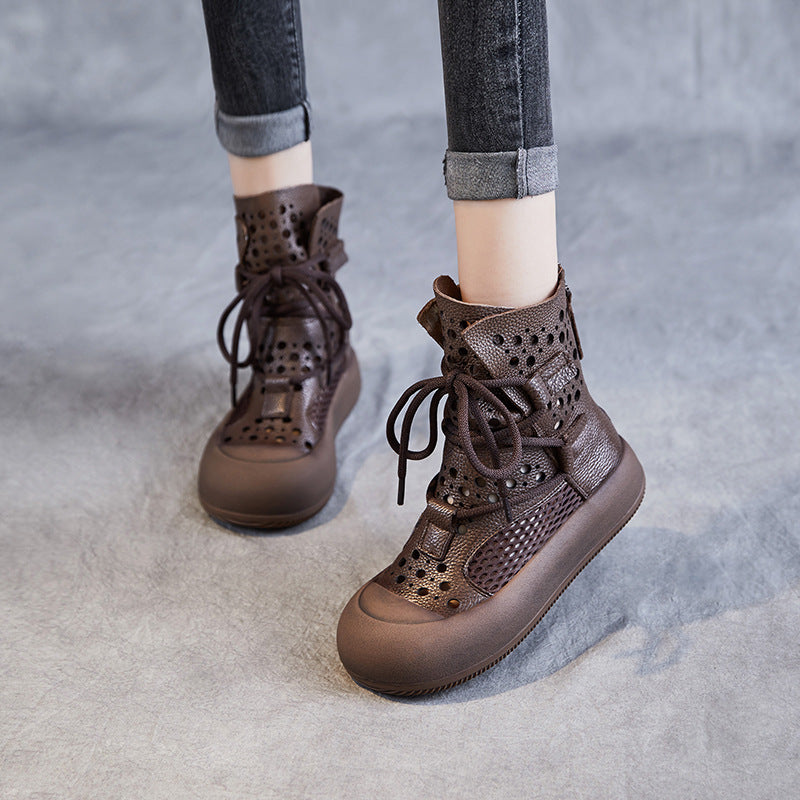 Women Retro Plain Hollow Leather Mesh Casual Boots-RAIIFY