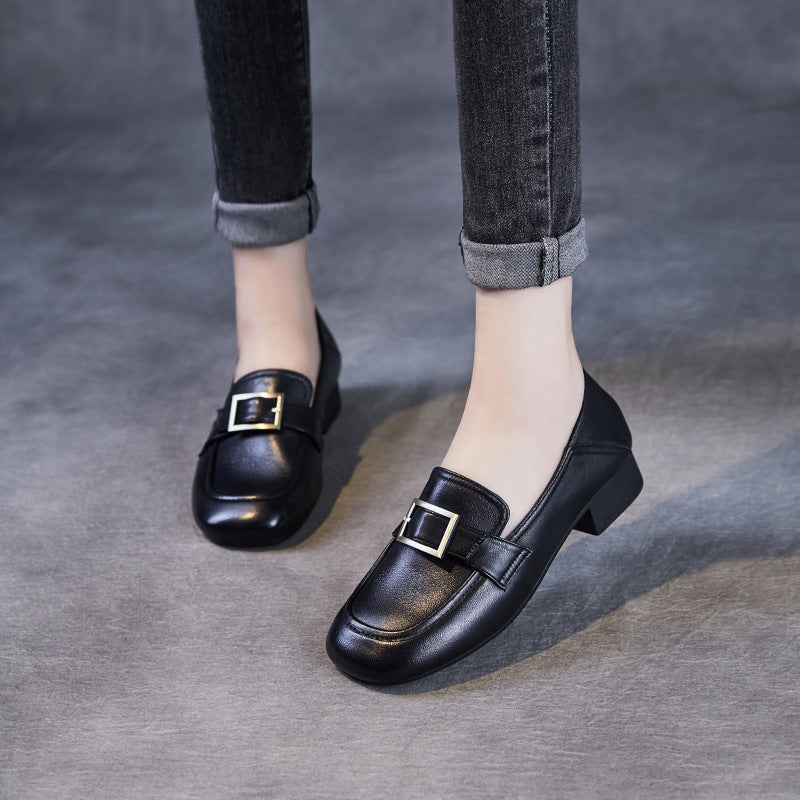 Women Plain Sheepskin Low Block Work Loafers-RAIIFY