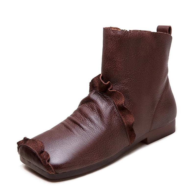 Women Vintage Solid Leatherrr Flat Soft Ankle Boots-RAIIFY