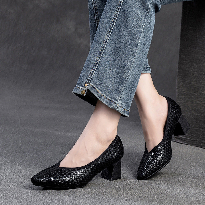 Women Retro Plaited Leather Chunky Heel Pumps-RAIIFY