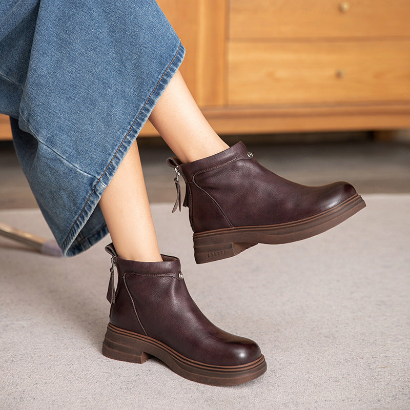 Women Retro Solid Leather Casual Ankle Boots-RAIIFY