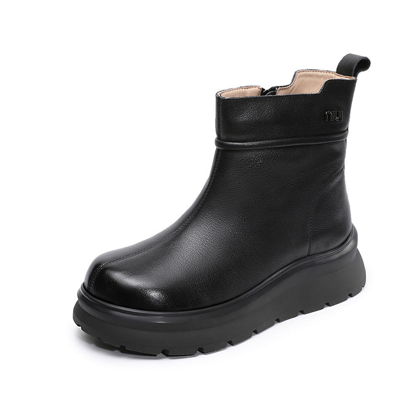 Women's Retro Plain Leather Woolen Ankle Snow Boots