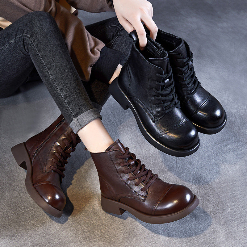 Women Retro Solid Leather Casual Combat Boots-RAIIFY