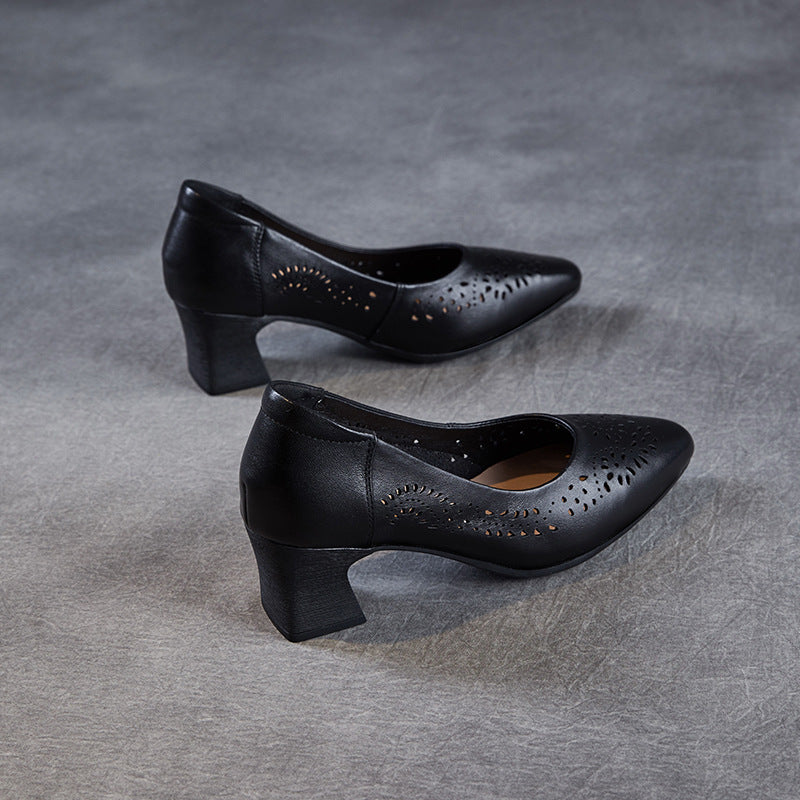 Women Hollow Leather Point Toe Chunky Heel Pumps-RAIIFY