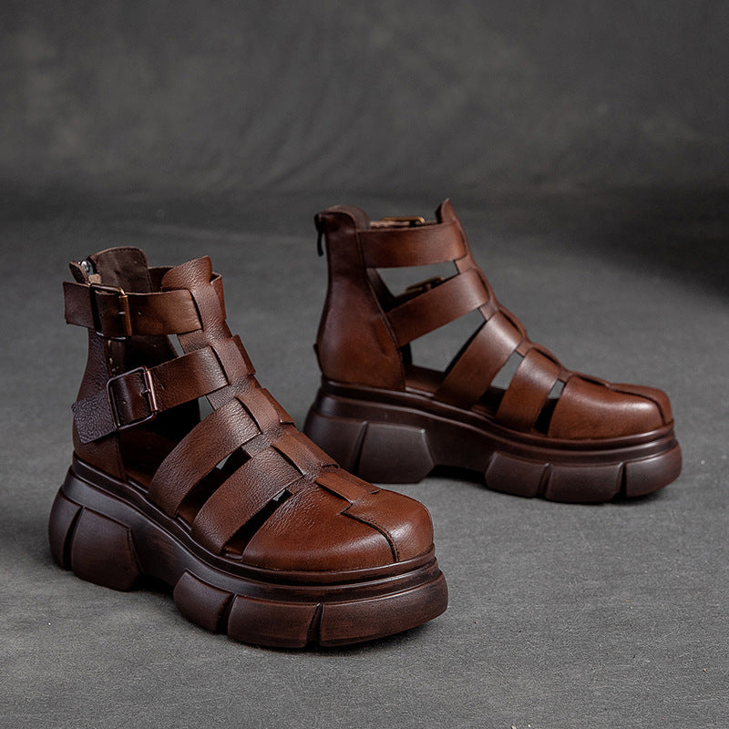 Women's Genuine Leather Platform Hook Loop Sandals-RAIIFY