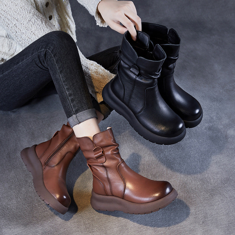 Women Vintage Soft Leather Mid-Calf Boots-RAIIFY