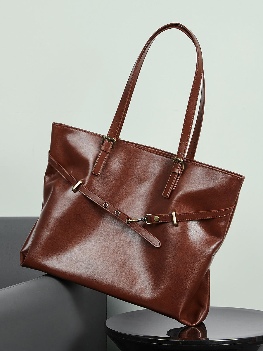 Women's Retro Plain Leather Shoulder Tote Bag-RAIIFY