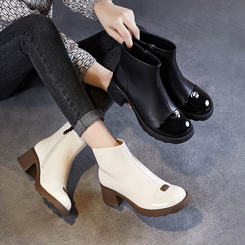 Women Minimalism Leahter Chunky Heel Ankle Boots-RAIIFY