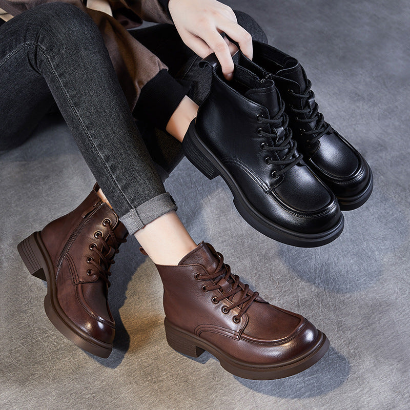 Women Vintage Solid Leather Ankle Boots-RAIIFY