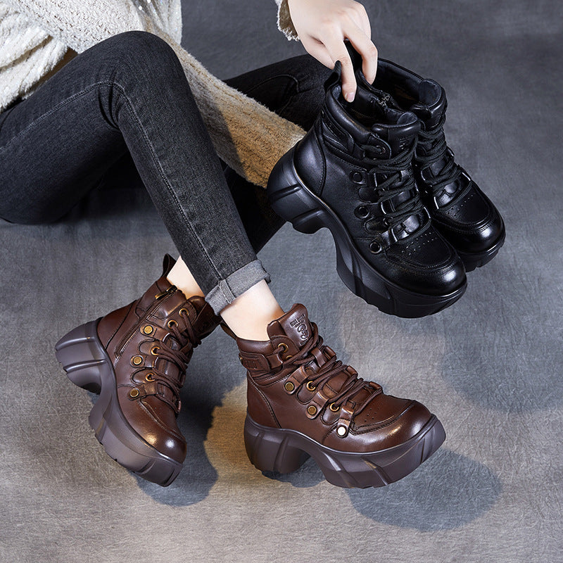 Women Vintage Leather Platform Ankle Boots-RAIIFY