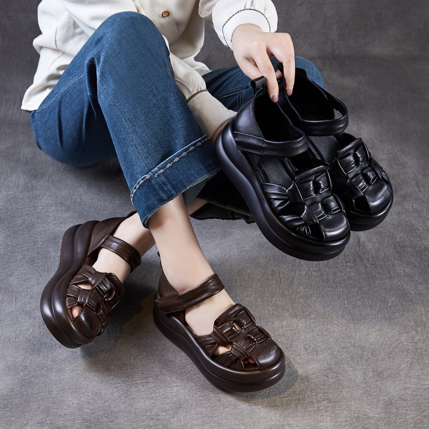 Women's Genuine Leather Retro Thick Sole Mary Jane Fisherman Sandals-RAIIFY